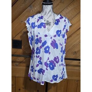 Women White Purple Blue Floral Cap Sleeve Split V-Neck Textured Blouse Top